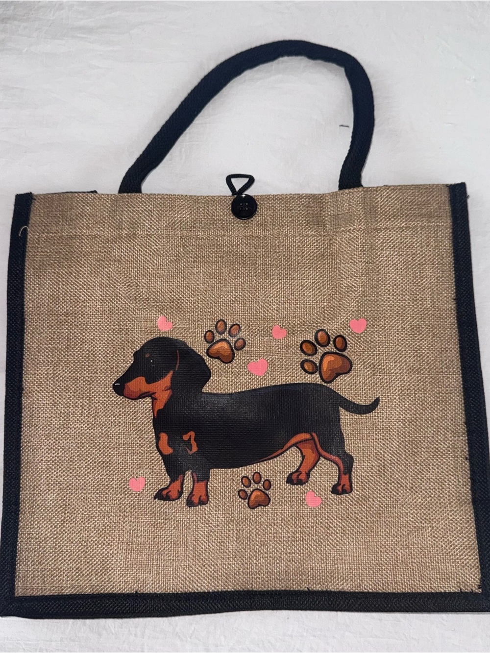 Cute Dachshund Jute Tote Bag – Black & Brown